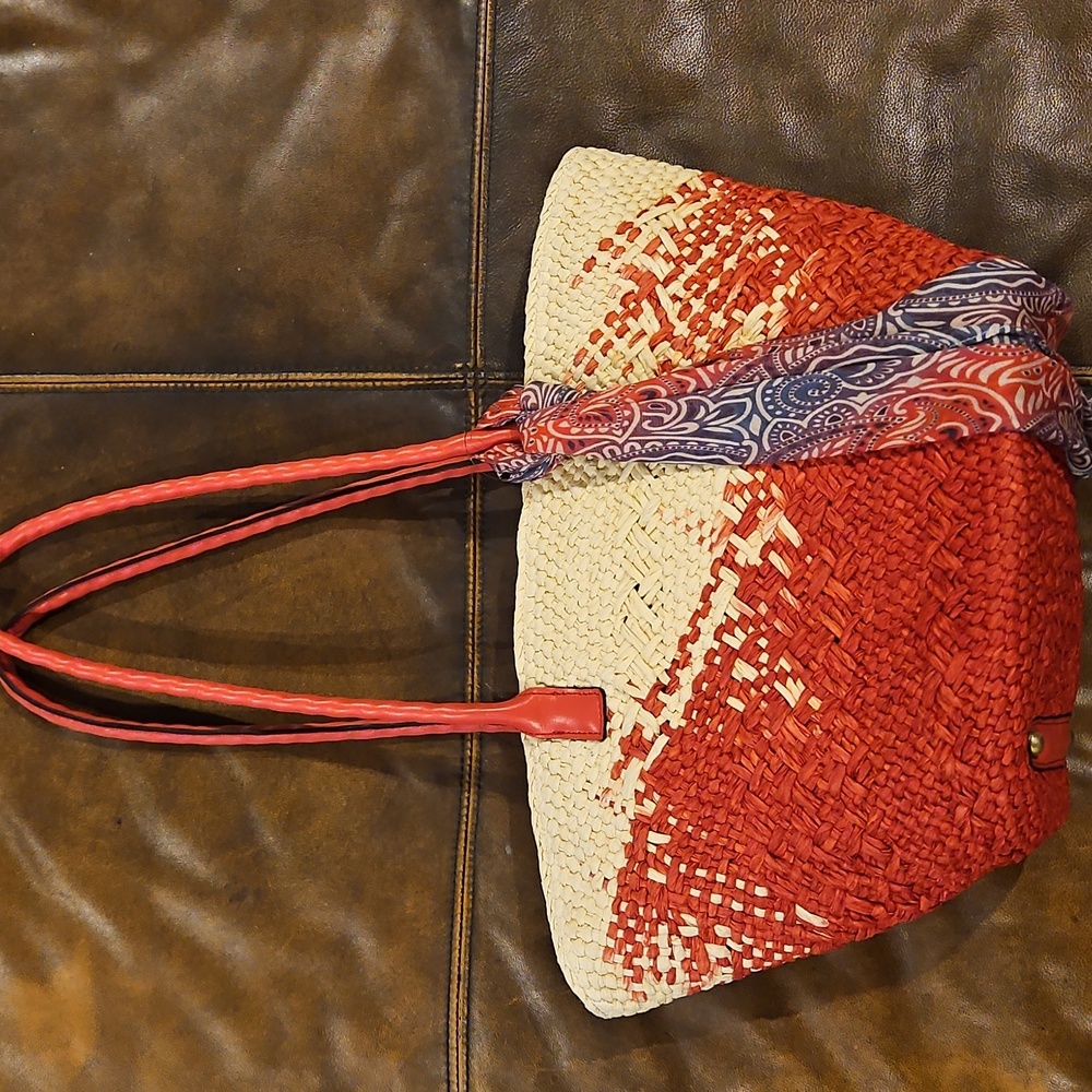 Patricia Nash Calypso Woven Straw/Leather Tote W/Scarf: Passion/Natural - Picture 4 of 11